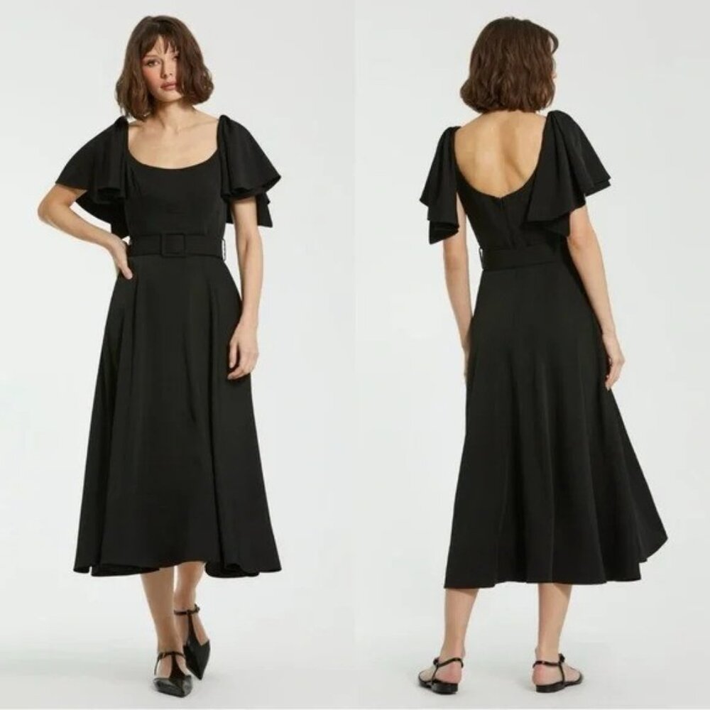 New Mac Duggal 20977 Scoop Neck Flutter Sleeve Midi Dress P6392